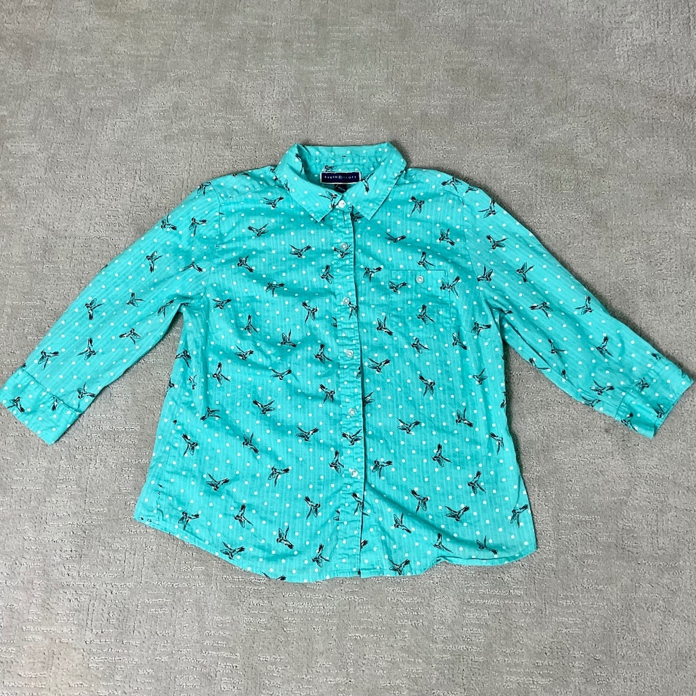 Karen Scott Hummingbird Aqua w/ White Polka Dots 3/4 Sleeve Blouse Womens Large